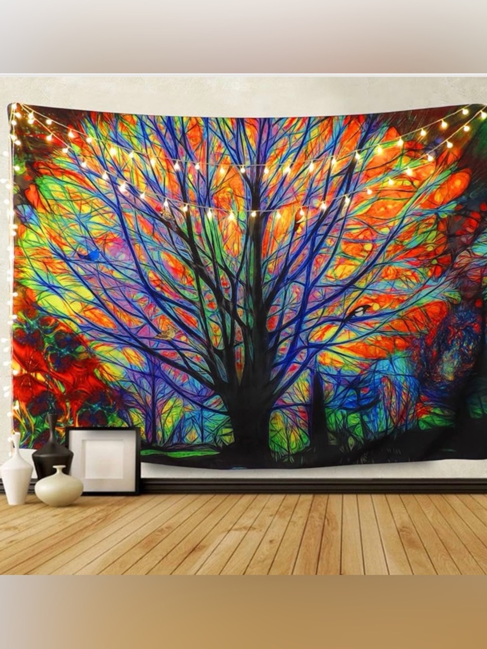 Rainbow Colorful Tree Tapestry Psychedelic Wall Hanging Forest Birds Art Hippie